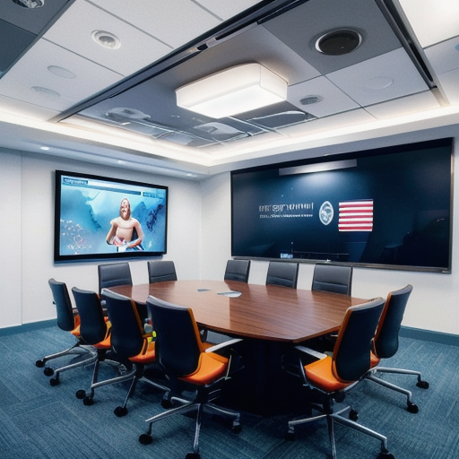 Executive briefing room with analytics boards, no people